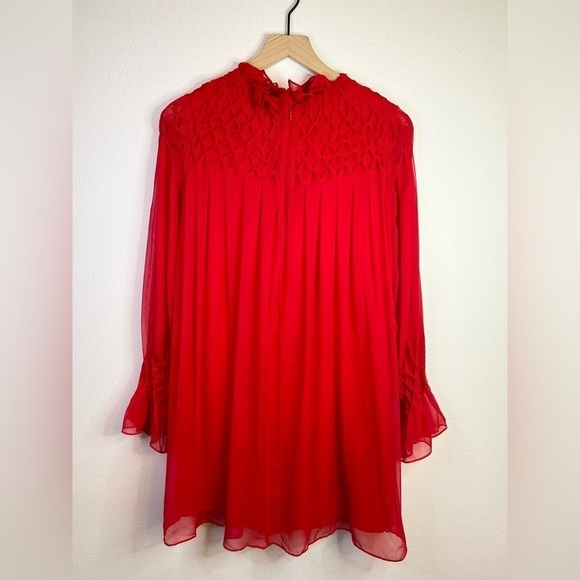 Rebecca Taylor 100% Silk Diamond Smocked Mock Neck Long Sleeve Mini Dress - Picture 5 of 16